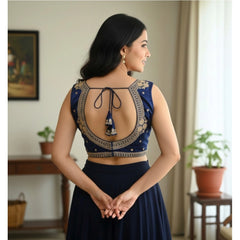 Generic Women's Zimmi Choo Embroidered V-Neck Padded Blouse (Navy 38 Ready (Self Alterable 36–40)