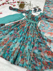 Ksa Tabby Silk Organza KESH527 16 Gowns Wholesale Printed Gowns Embroidery Gowns Anarkali Gown Manufacturer