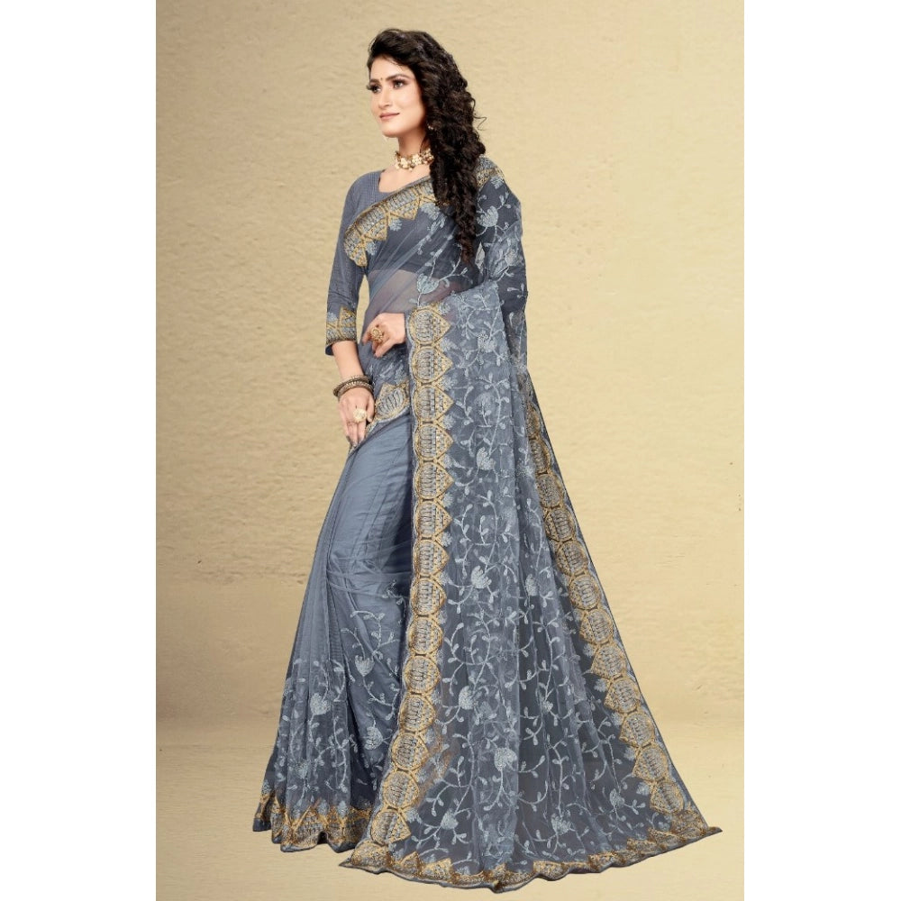 Generic Women's Net Saree With Blouse (Grey, 5-6Mtrs)