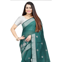 Generic Women's Cotton Silk Embroidered Saree With Unstitched Blouse 5.5Mtr (Dark Green)