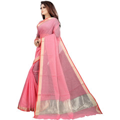 Generic Women's Cotton Silk Checkered Saree With Unstitched Blouse 5.5Mtr (Pink)