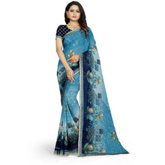 Generic Women's Georgette Floral Print Saree With Unstitched Blouse 5.5Mtr (Light Blue)