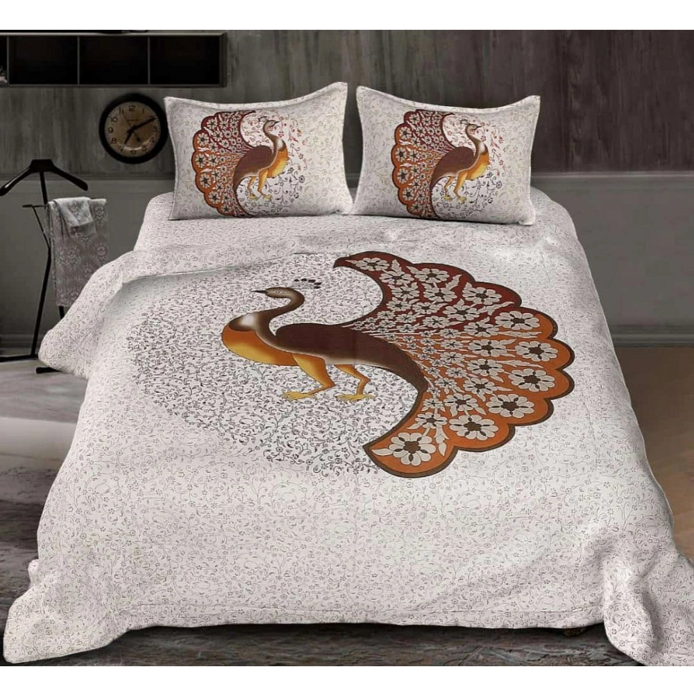 Generic Cotton Printed Queen Size Bedsheet With 2 Pillow Covers (White, 90x100 Inch)