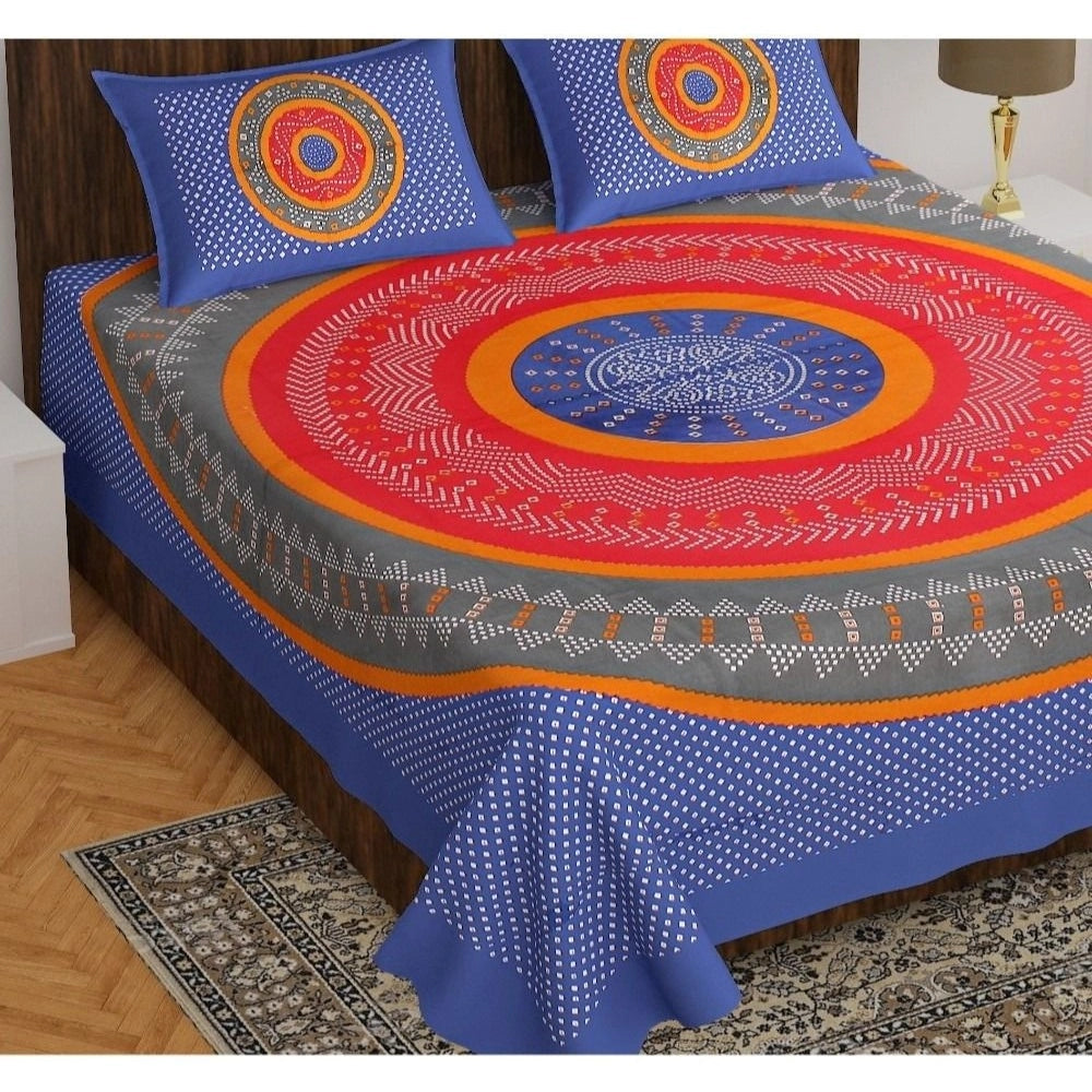 Generic Cotton Printed Queen Size Bedsheet With 2 Pillow Covers (Blue, 90x100 Inch)