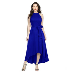Generic Women's Polyster Solid Halter Neck Sleeveless Dress (Royal Blue)