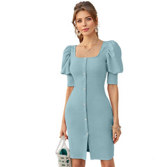 Generic Women's Knitting stretchable Solid Square Neck 3-4 Puff Sleeve Dress (Pista)