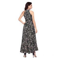 Generic Women's Polyester Printed Halter Neck Sleeveless Dress (Black)