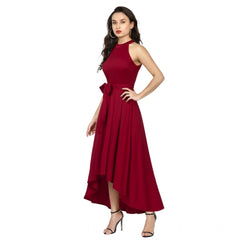 Generic Women's Polyster Solid Halter Neck Sleeveless Dress (Maroon)