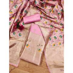 Generic Women's Banarasi Silk Printed Unstitched Salwar Suit Material With Dupatta (Pink, 3Mtrs)