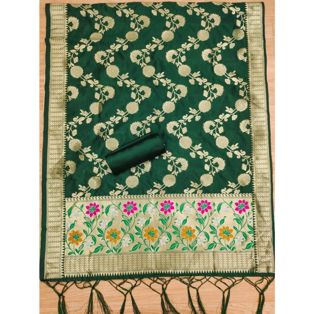 Generic Women's Banarasi Silk Printed Unstitched Salwar Suit Material With Dupatta (Green, 3Mtrs)