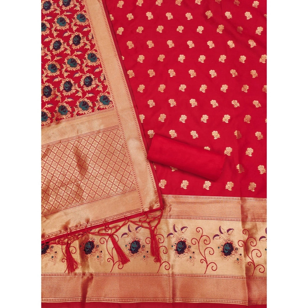 Generic Women's Banarasi Silk Printed Unstitched Salwar Suit Material With Dupatta (Red, 3Mtrs)