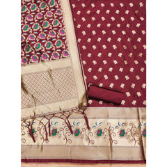 Generic Women's Banarasi Silk Printed Unstitched Salwar Suit Material With Dupatta (Maroon, 3Mtrs)