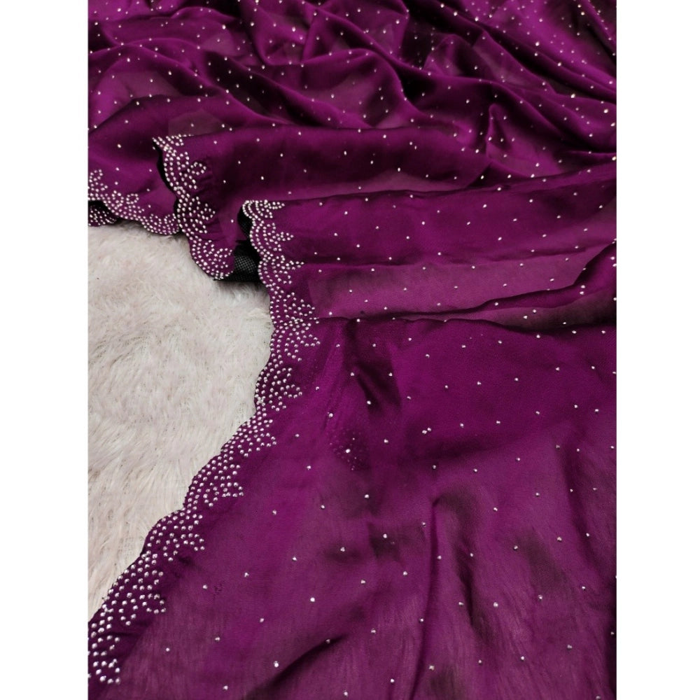 Generic Women's Georgette Satin Silk Saree With Unstitched Blouse 5.5Mtr (Wine)