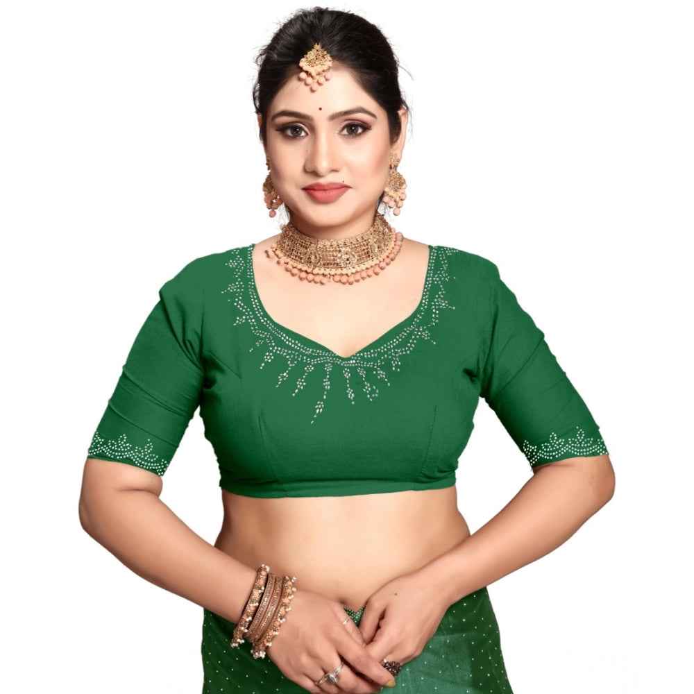 Generic Women's Georgette Satin Silk Saree With Unstitched Blouse 5.5Mtr (Green)