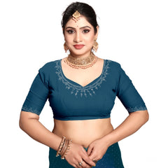 Generic Women's Georgette Satin Silk Saree With Unstitched Blouse 5.5Mtr (Blue)