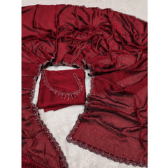 Generic Women's Georgette Satin Silk Saree With Unstitched Blouse 5.5Mtr (Red)