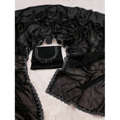 Generic Women's Georgette Satin Silk Saree With Unstitched Blouse 5.5Mtr (Black)