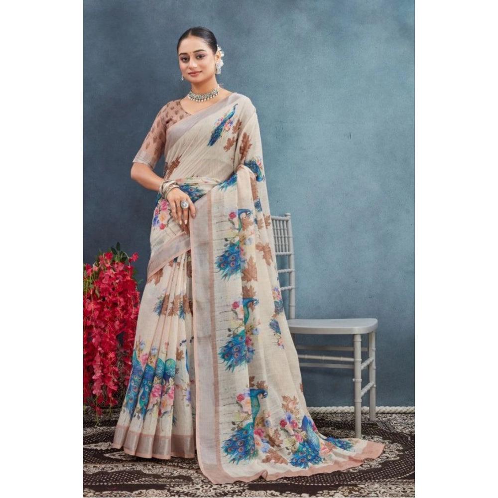 Generic Women's Linen Floral Printed Saree With Unstitched Blouse 5.5Mtr (Beige)