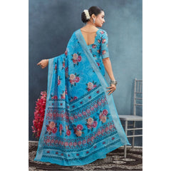 Generic Women's Linen Floral Printed Saree With Unstitched Blouse 5.5Mtr (Blue)