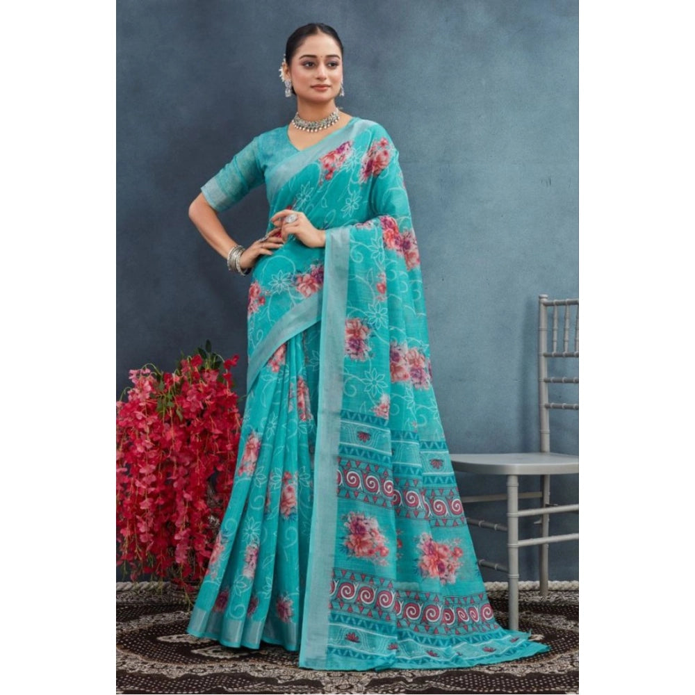 Generic Women's Linen Floral Printed Saree With Unstitched Blouse 5.5Mtr (Aqua)