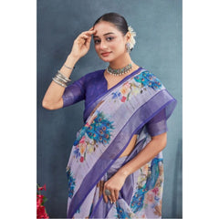 Generic Women's Linen Floral Printed Saree With Unstitched Blouse 5.5Mtr (Purple)