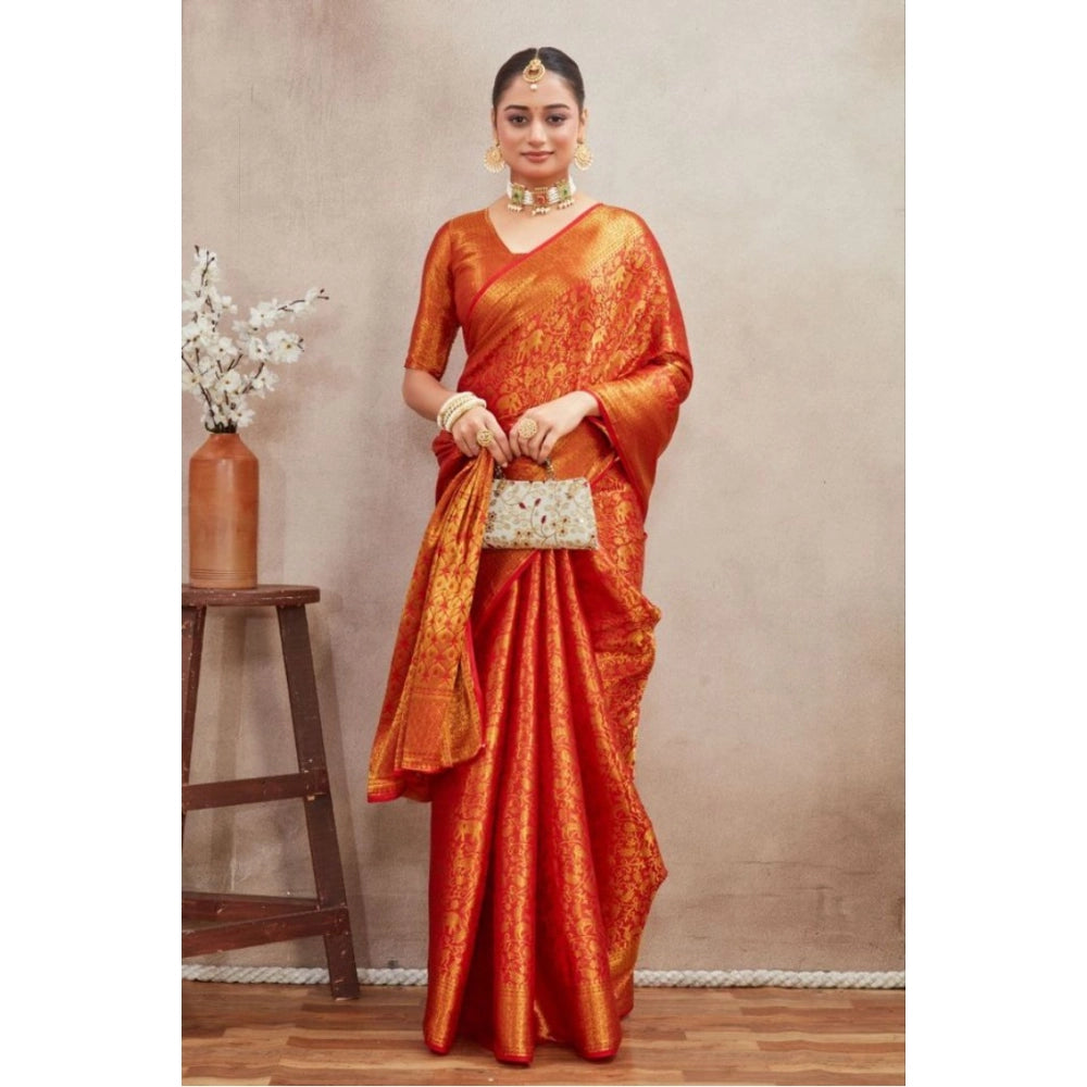 Generic Women's Silk Blend Floral Printed Saree With Unstitched Blouse 5.5Mtr (Red)