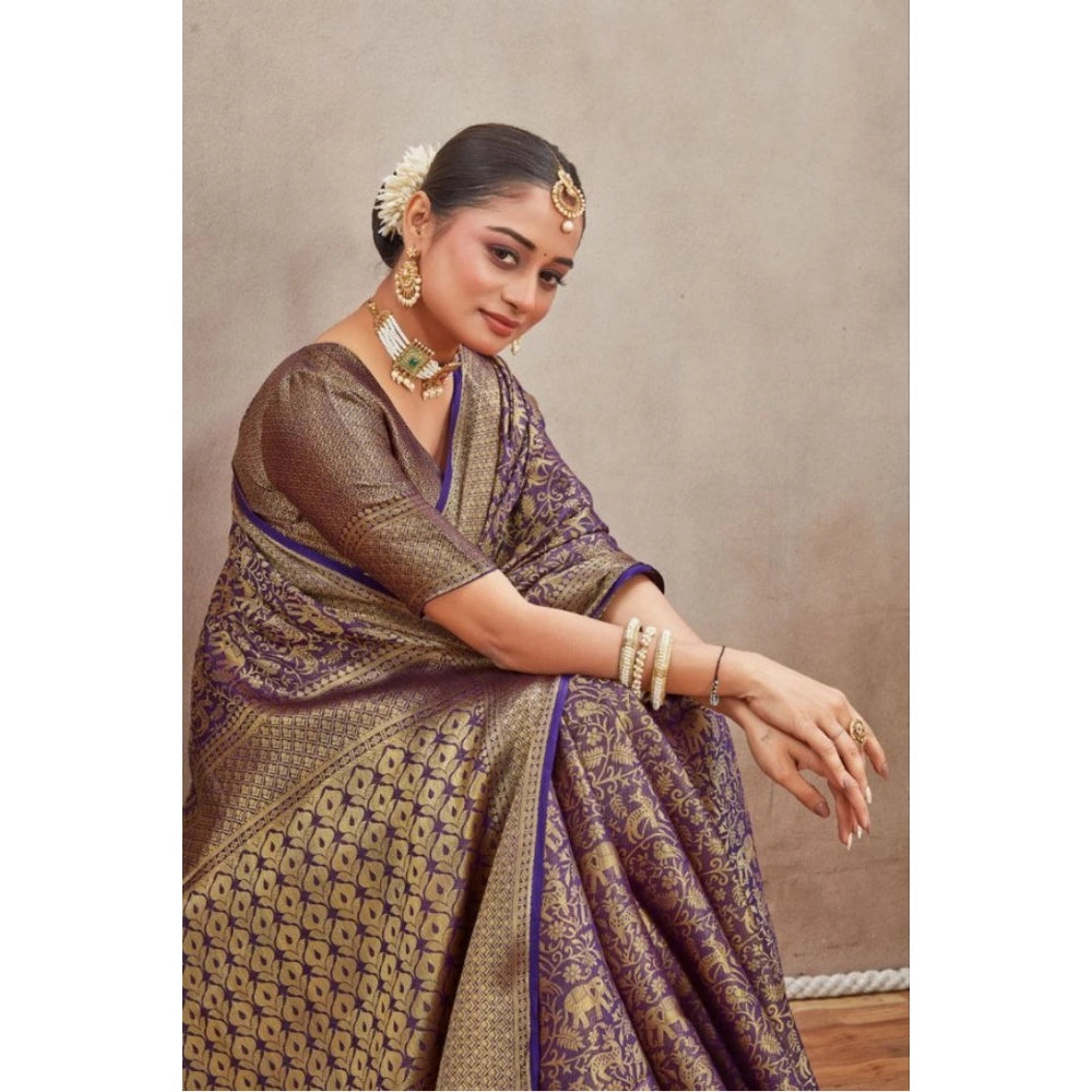 Generic Women's Silk Blend Floral Printed Saree With Unstitched Blouse 5.5Mtr (Navy Blue)