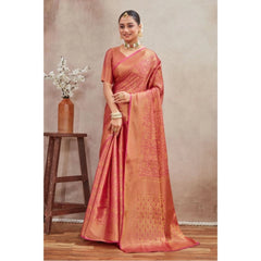 Generic Women's Silk Blend Floral Printed Saree With Unstitched Blouse 5.5Mtr (Peach)