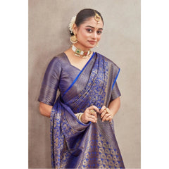 Generic Women's Silk Blend Floral Printed Saree With Unstitched Blouse 5.5Mtr (Royal Blue)