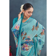 Generic Women's Linen Floral Printed Saree With Unstitched Blouse 5.5Mtr (Aqua)