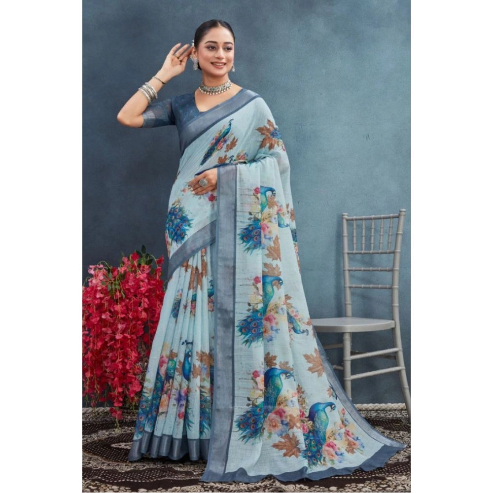 Generic Women's Linen Floral Printed Saree With Unstitched Blouse 5.5Mtr (Grey)