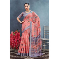 Generic Women's Linen Floral Printed Saree With Unstitched Blouse 5.5Mtr (Peach)