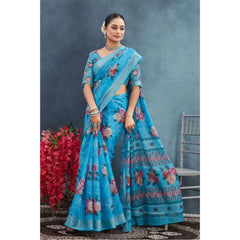 Generic Women's Linen Floral Printed Saree With Unstitched Blouse 5.5Mtr (Blue)