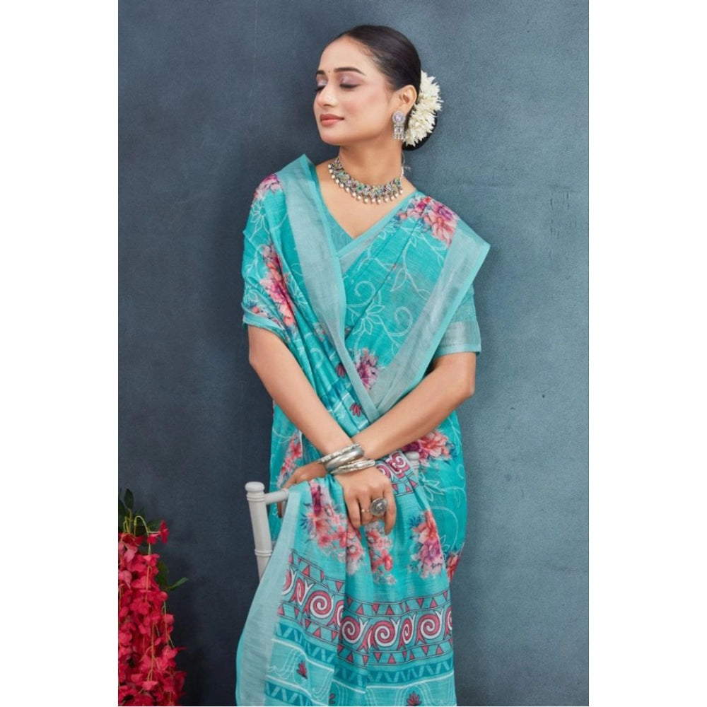 Generic Women's Linen Floral Printed Saree With Unstitched Blouse 5.5Mtr (Aqua)