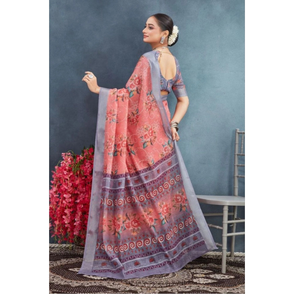 Generic Women's Linen Floral Printed Saree With Unstitched Blouse 5.5Mtr (Peach)