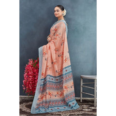 Generic Women's Linen Floral Printed Saree With Unstitched Blouse 5.5Mtr (Orange)