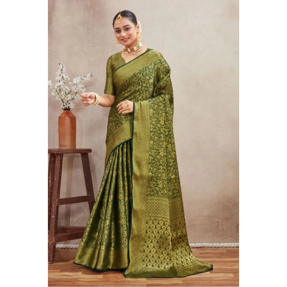 Generic Women's Silk Blend Floral Printed Saree With Unstitched Blouse 5.5Mtr (Green)
