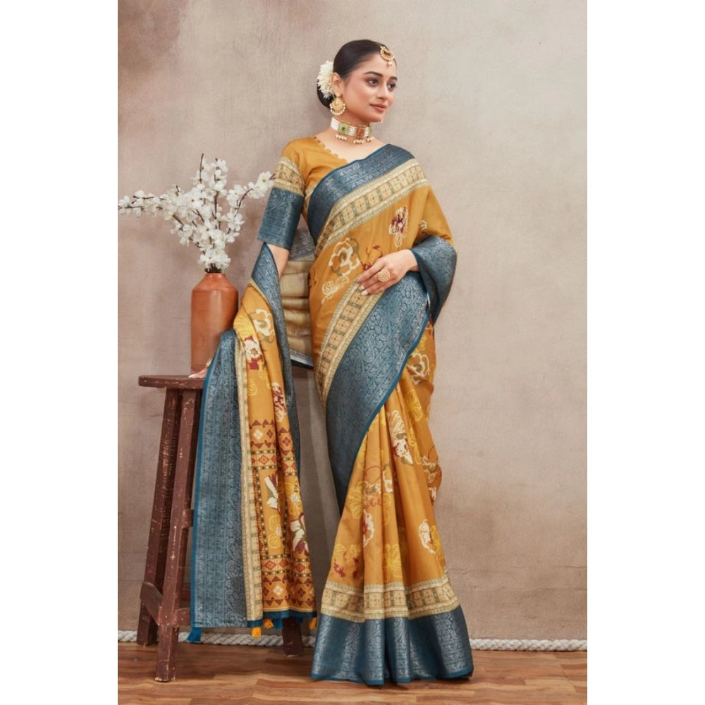 Generic Women's Crepe Silk Printed Saree With Unstitched Blouse 5.5Mtr (Mustard)