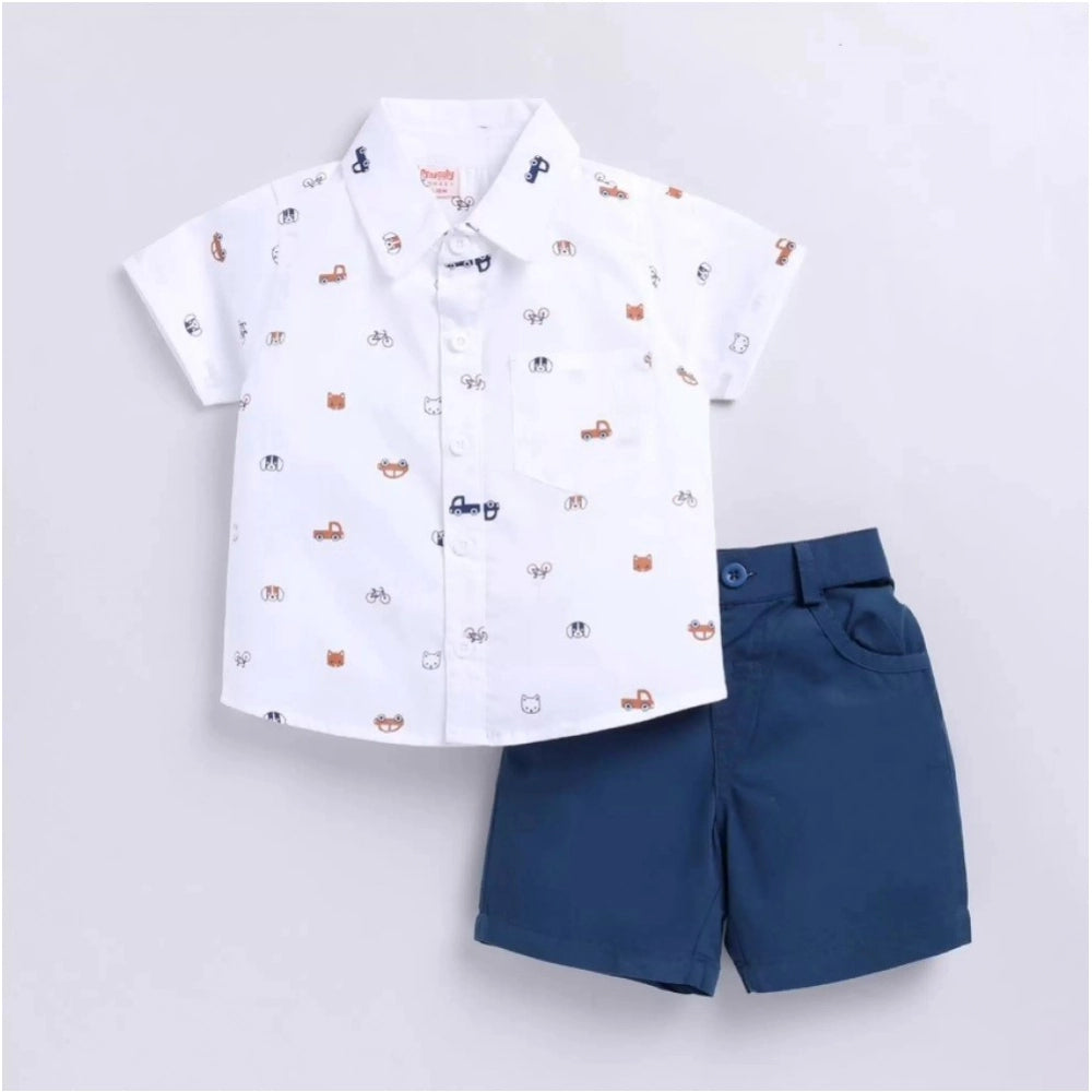 Generic Boy's Cotton Blend Printed Short Sleeve Shirt and Shorts Set (White)