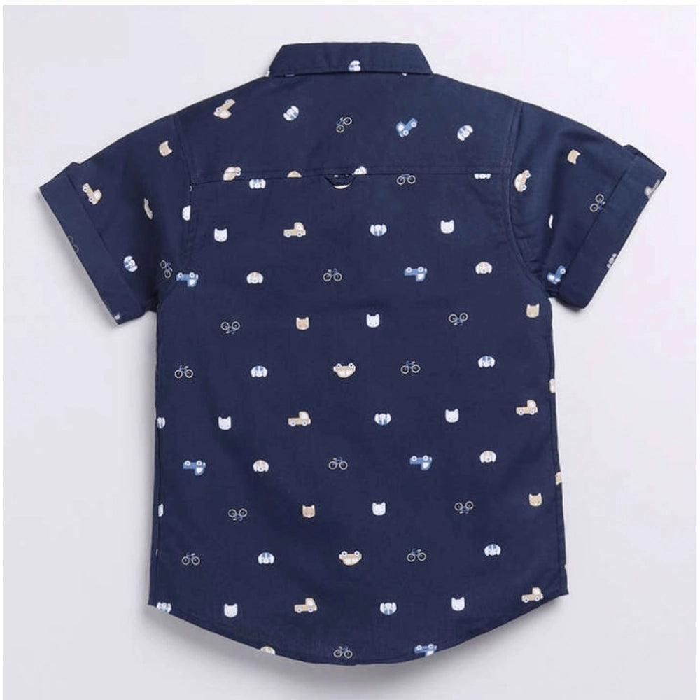 Generic Boy's Cotton Blend Printed Short Sleeve Shirt (Navy Blue)