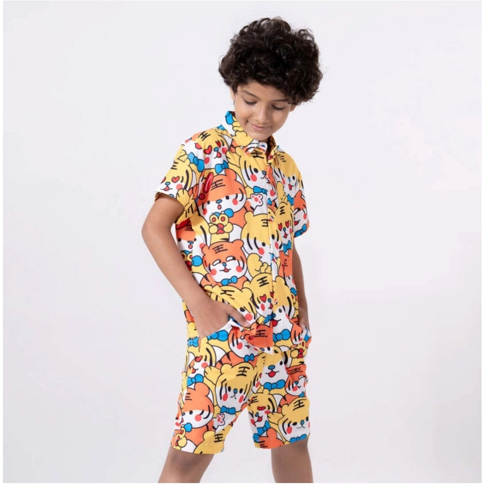 Generic Boy's Lycra Blend Printed Short Sleeve Shirt and Shorts Set (MultiColor)