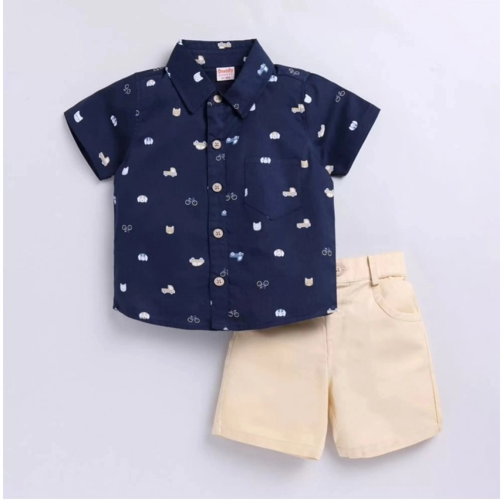 Generic Boy's Cotton Blend Printed Short Sleeve Shirt and Shorts Set (Navy Blue)
