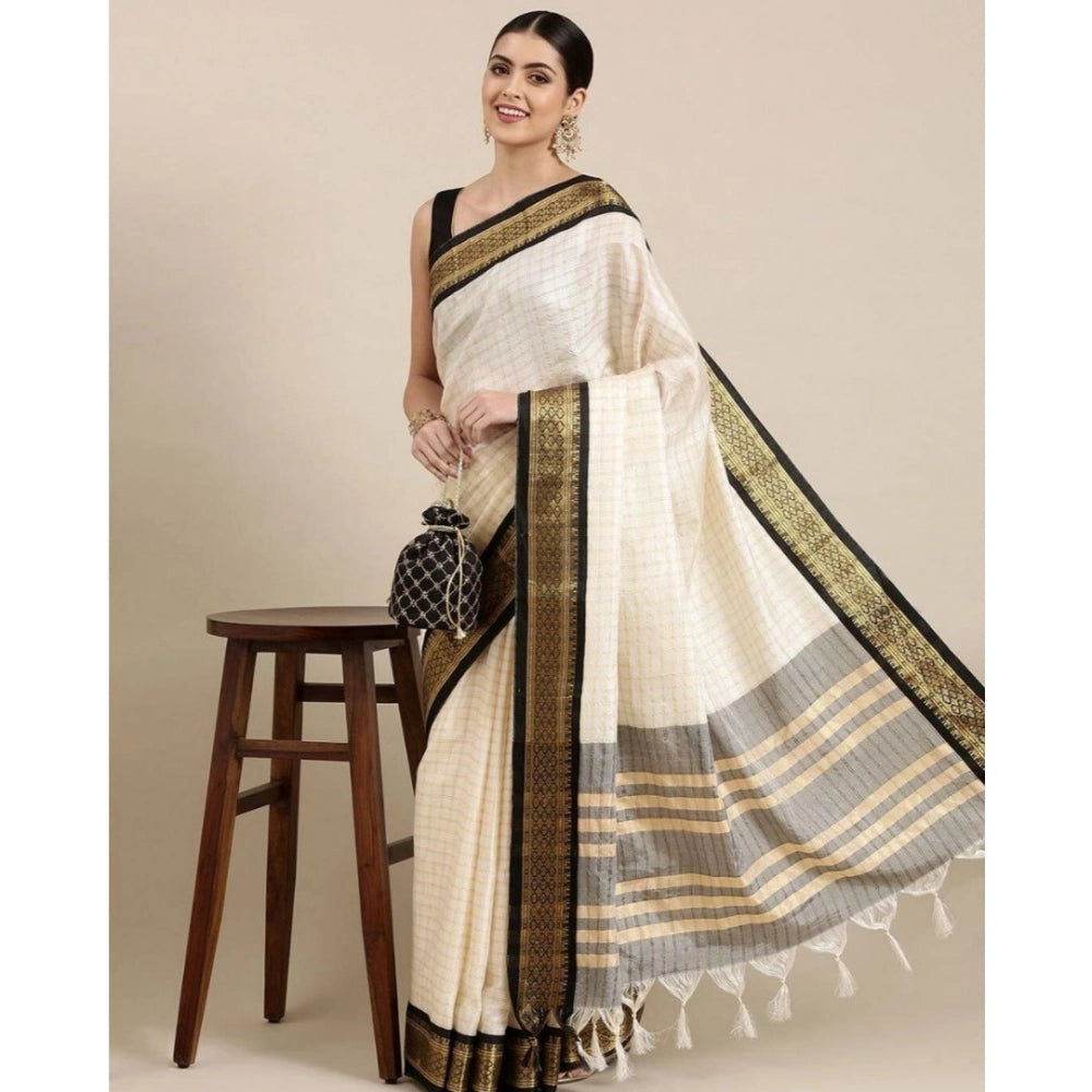 Generic Women's Cotton Silk Checkered Saree With Unstitched Blouse 5.5Mtr (Black)