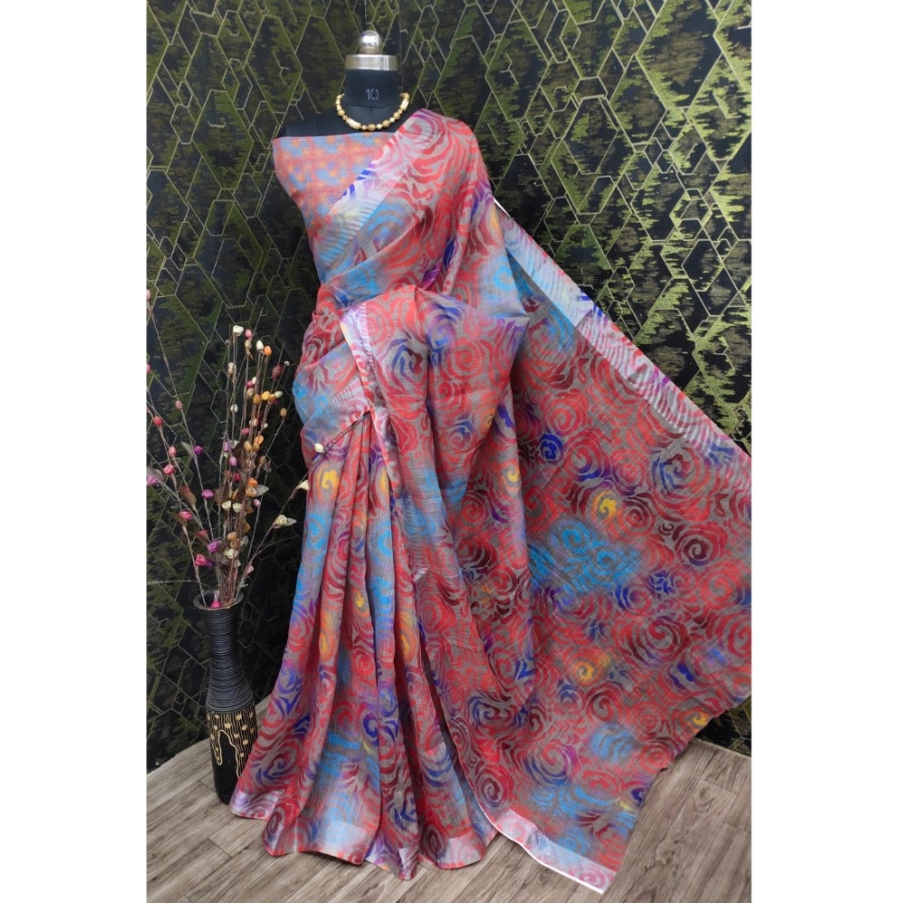 Generic Women's Cotton Linen Woven Design Saree With Unstitched Blouse 5.5Mtr (Red)