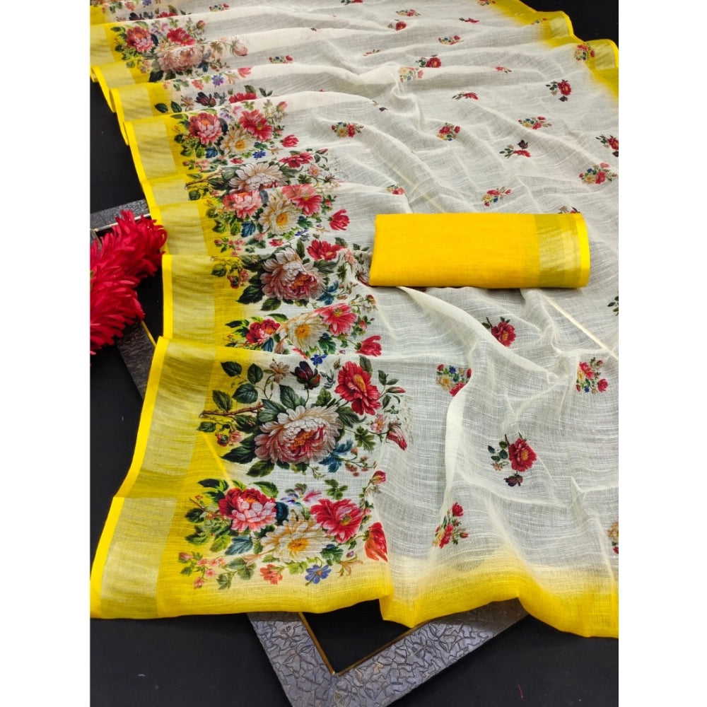 Generic Women's Cotton Linen Woven Design Saree With Unstitched Blouse 5.5Mtr (Yellow)