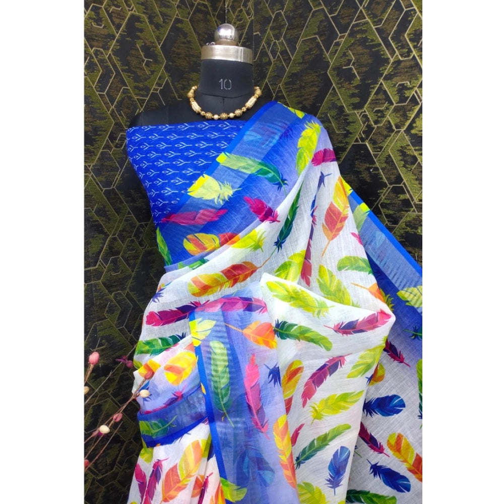 Generic Women's Cotton Linen Woven Design Saree With Unstitched Blouse 5.5Mtr (Blue)