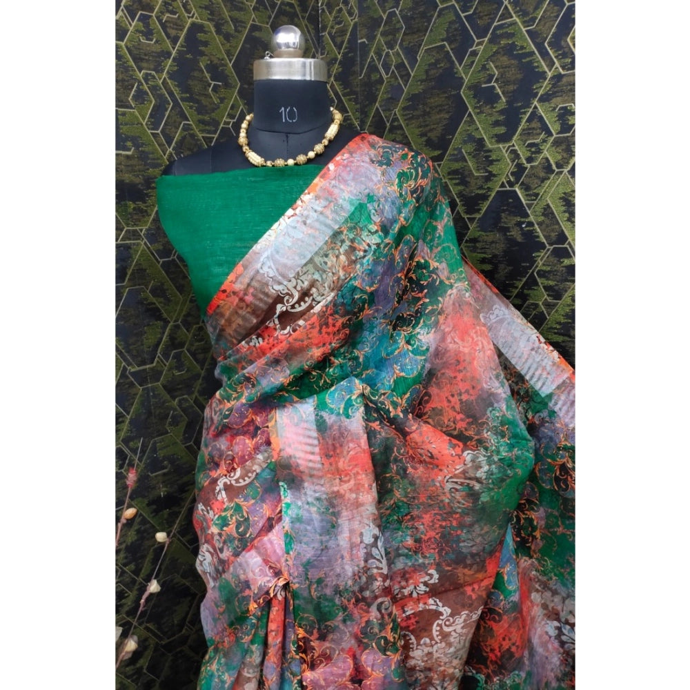 Generic Women's Cotton Linen Woven Design Saree With Unstitched Blouse 5.5Mtr (Green)