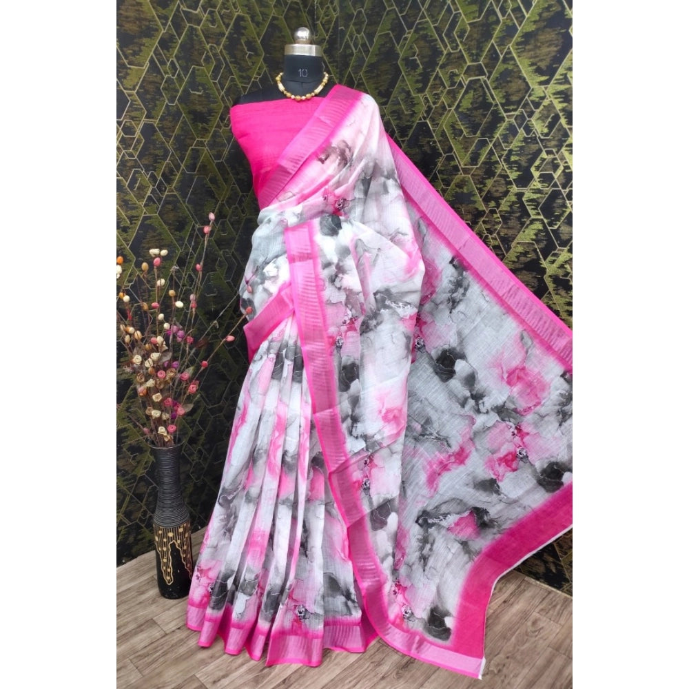 Generic Women's Cotton Linen Woven Design Saree With Unstitched Blouse 5.5Mtr (Pink)