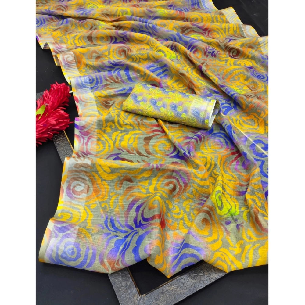 Generic Women's Cotton Linen Woven Design Saree With Unstitched Blouse 5.5Mtr (Yellow)