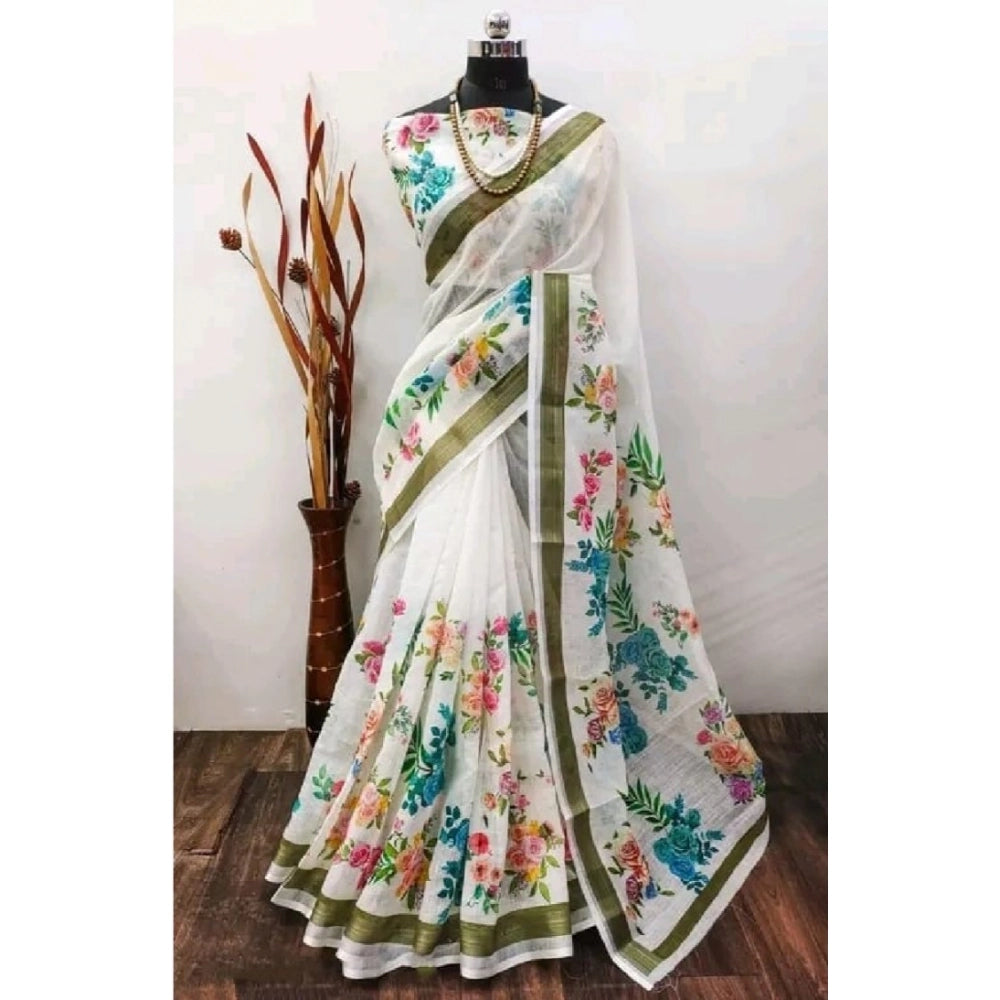 Generic Women's Cotton Linen Printed Saree With Unstitched Blouse 5.5Mtr (Multicolor)